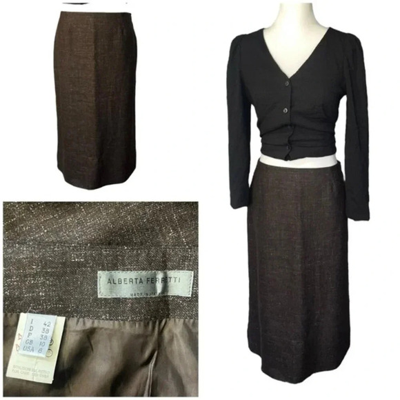 Alberta Ferretti Midi Brown Wool & Linen Blended Sz 8 - Picture 1 of 8